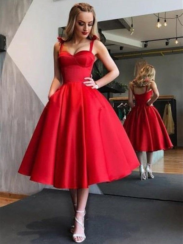 A-Line Straps Satin Sleeveless With Ruffles Tea-Length Homecoming Dress