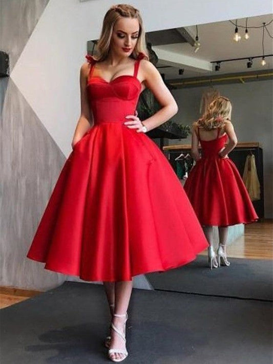 A-Line Straps Satin Sleeveless With Ruffles Tea-Length Homecoming Dress