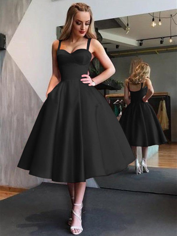 A-Line Straps Satin Sleeveless With Ruffles Tea-Length Homecoming Dress