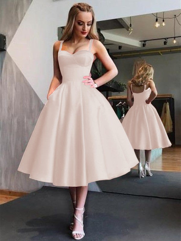 A-Line Straps Satin Sleeveless With Ruffles Tea-Length Homecoming Dress