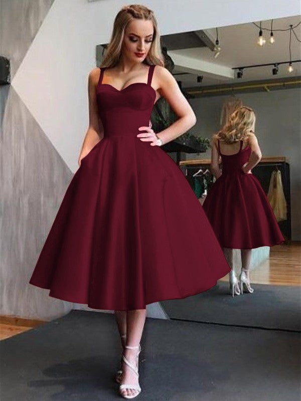 A-Line Straps Satin Sleeveless With Ruffles Tea-Length Homecoming Dress