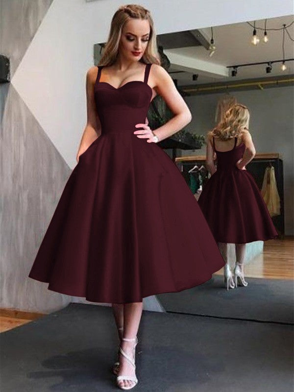 A-Line Straps Satin Sleeveless With Ruffles Tea-Length Homecoming Dress