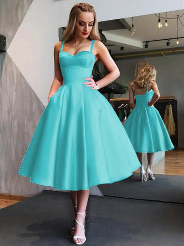 A-Line Straps Satin Sleeveless With Ruffles Tea-Length Homecoming Dress