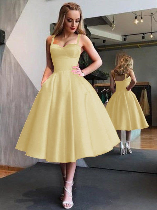 A-Line Straps Satin Sleeveless With Ruffles Tea-Length Homecoming Dress