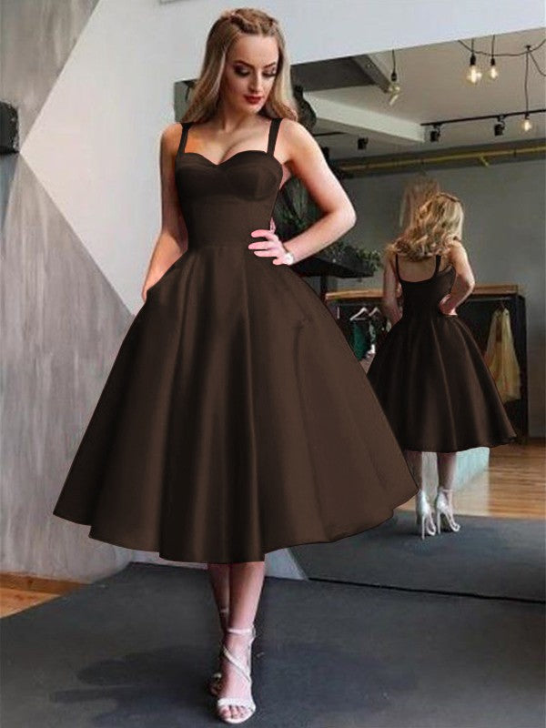 A-Line Straps Satin Sleeveless With Ruffles Tea-Length Homecoming Dress