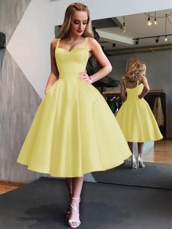 A-Line Straps Satin Sleeveless With Ruffles Tea-Length Homecoming Dress