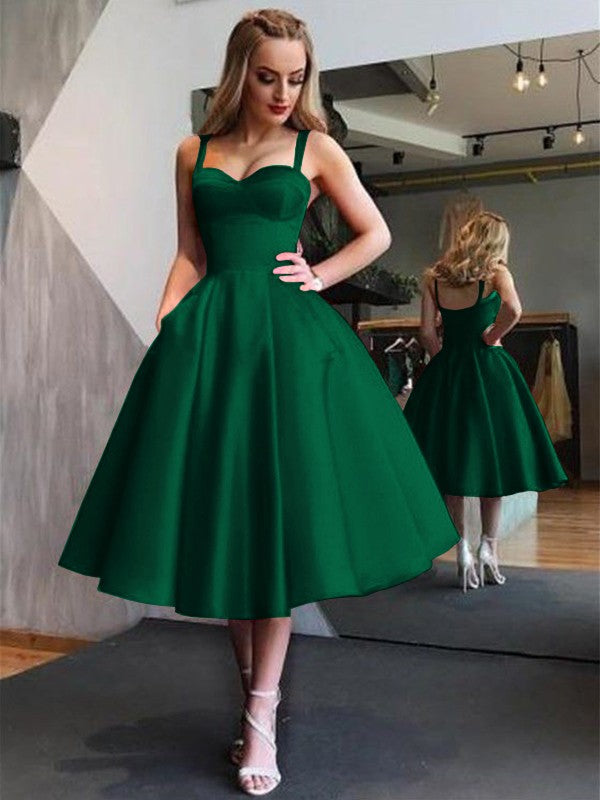 A-Line Straps Satin Sleeveless With Ruffles Tea-Length Homecoming Dress