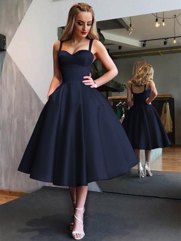 A-Line Straps Satin Sleeveless With Ruffles Tea-Length Homecoming Dress