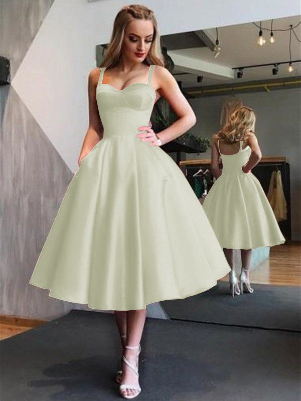 A-Line Straps Satin Sleeveless With Ruffles Tea-Length Homecoming Dress