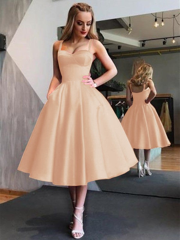 A-Line Straps Satin Sleeveless With Ruffles Tea-Length Homecoming Dress