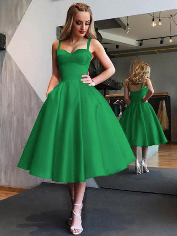 A-Line Straps Satin Sleeveless With Ruffles Tea-Length Homecoming Dress