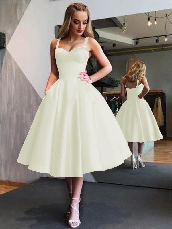 A-Line Straps Satin Sleeveless With Ruffles Tea-Length Homecoming Dress