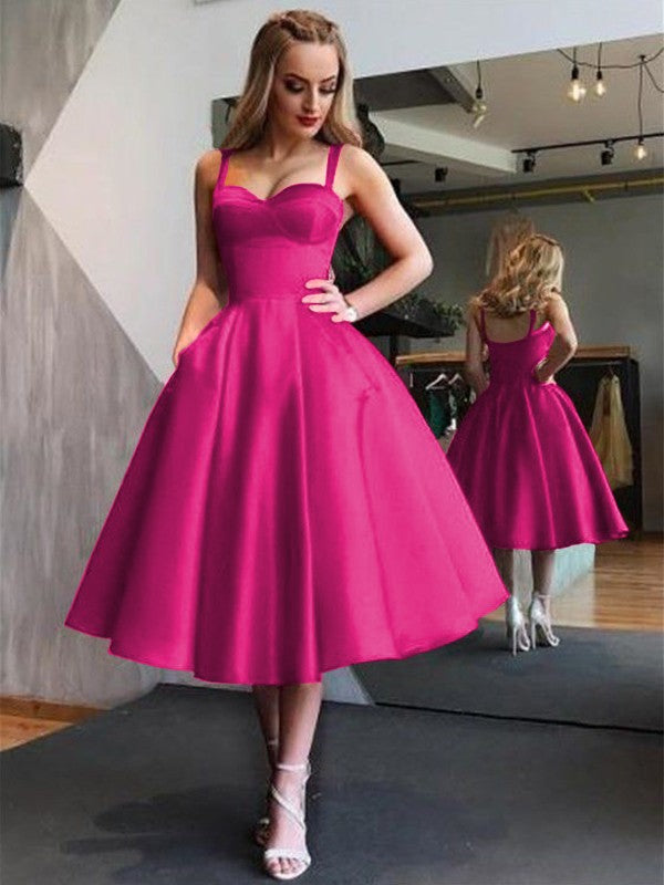 A-Line Straps Satin Sleeveless With Ruffles Tea-Length Homecoming Dress
