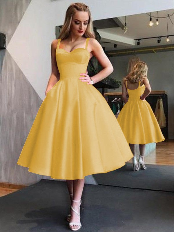 A-Line Straps Satin Sleeveless With Ruffles Tea-Length Homecoming Dress