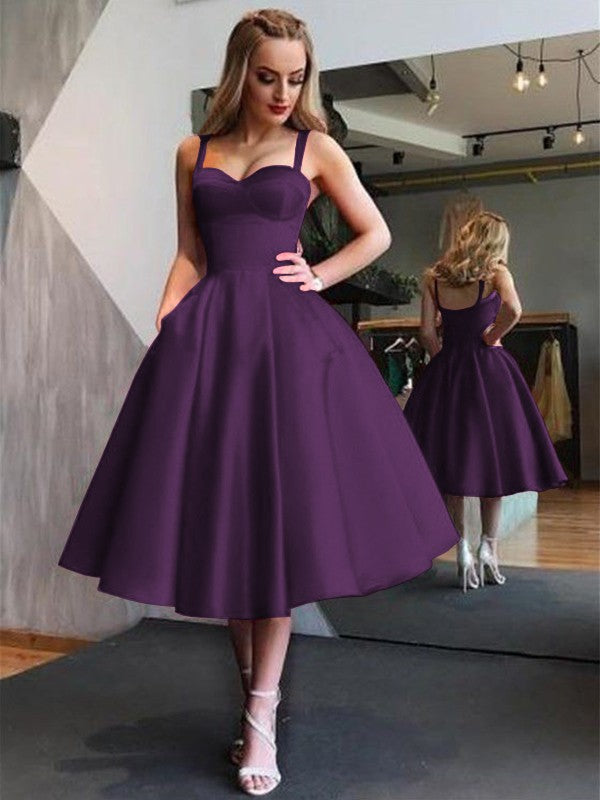 A-Line Straps Satin Sleeveless With Ruffles Tea-Length Homecoming Dress