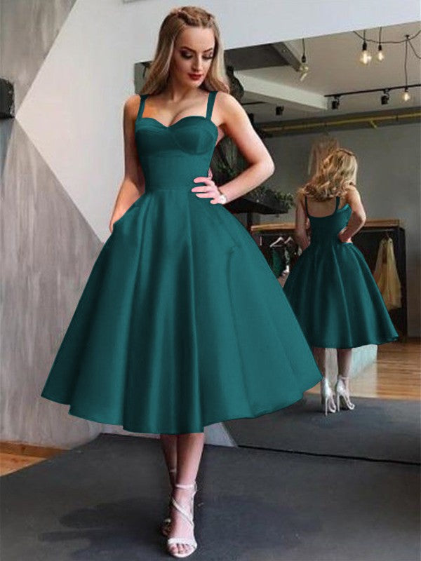 A-Line Straps Satin Sleeveless With Ruffles Tea-Length Homecoming Dress