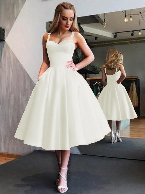 A-Line Straps Satin Sleeveless With Ruffles Tea-Length Homecoming Dress