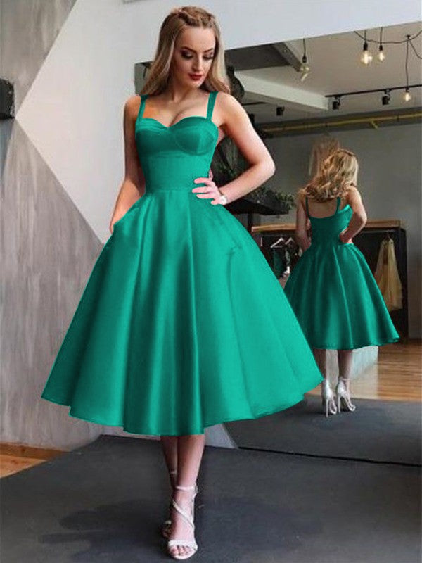 A-Line Straps Satin Sleeveless With Ruffles Tea-Length Homecoming Dress