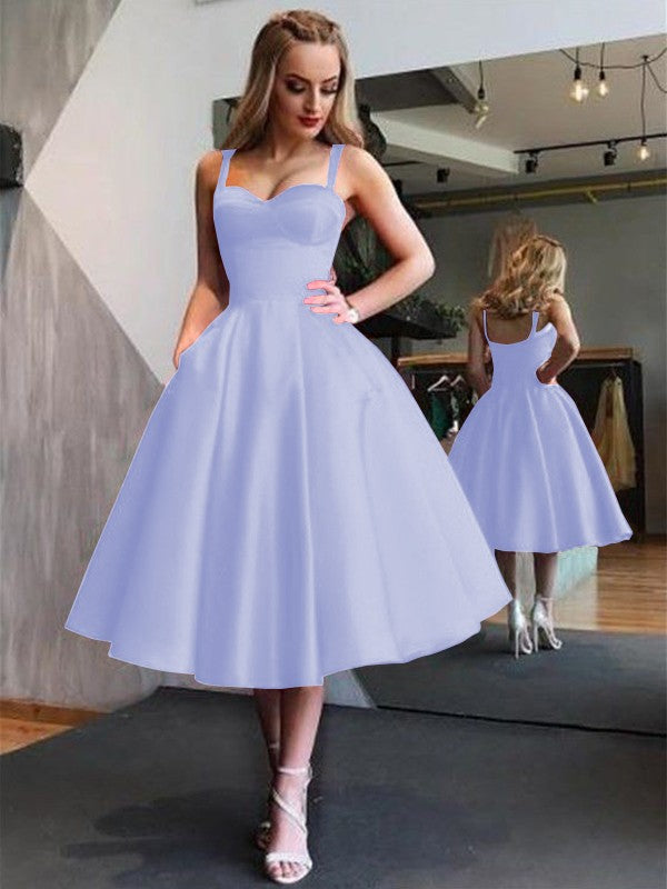 A-Line Straps Satin Sleeveless With Ruffles Tea-Length Homecoming Dress