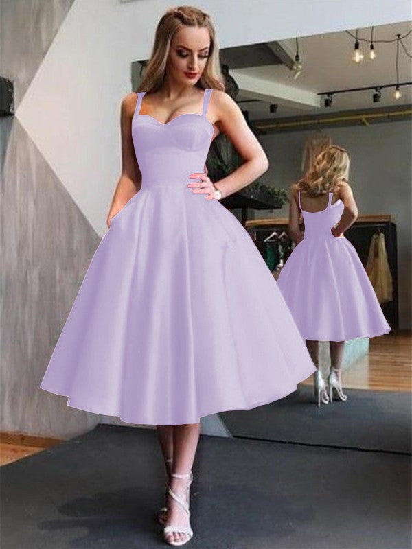 A-Line Straps Satin Sleeveless With Ruffles Tea-Length Homecoming Dress