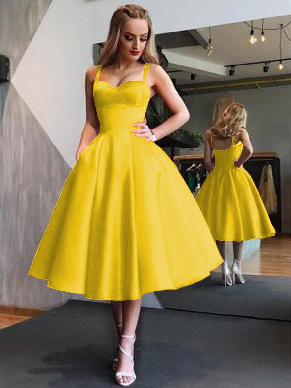 A-Line Straps Satin Sleeveless With Ruffles Tea-Length Homecoming Dress