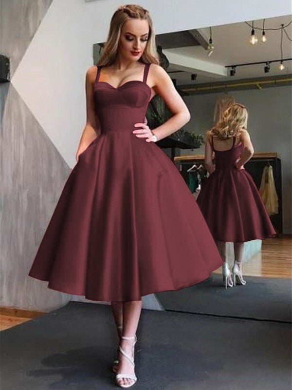 A-Line Straps Satin Sleeveless With Ruffles Tea-Length Homecoming Dress