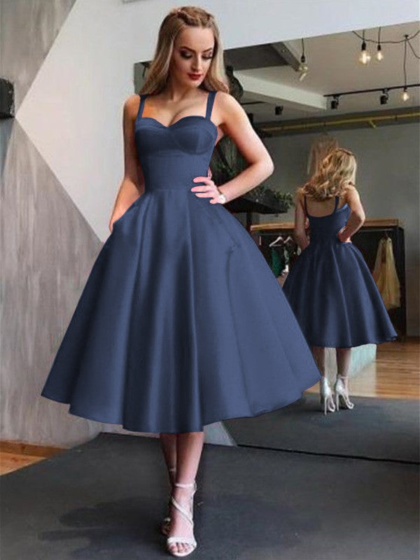 A-Line Straps Satin Sleeveless With Ruffles Tea-Length Homecoming Dress