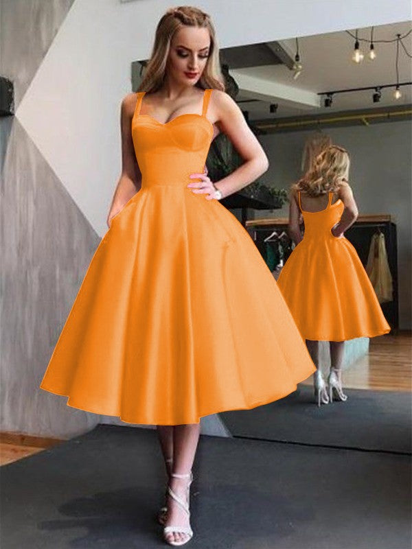 A-Line Straps Satin Sleeveless With Ruffles Tea-Length Homecoming Dress