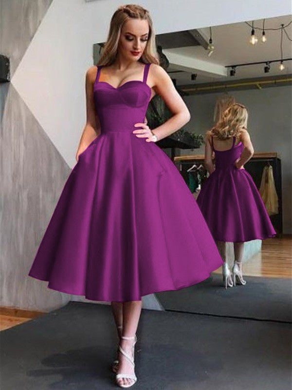 A-Line Straps Satin Sleeveless With Ruffles Tea-Length Homecoming Dress