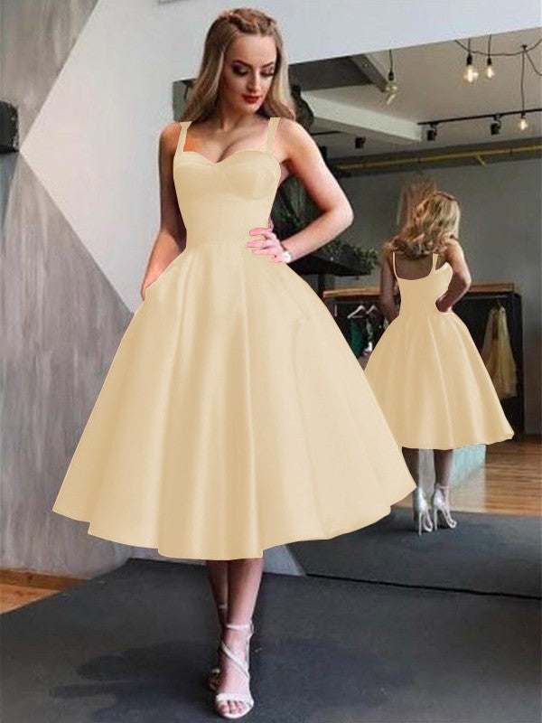 A-Line Straps Satin Sleeveless With Ruffles Tea-Length Homecoming Dress
