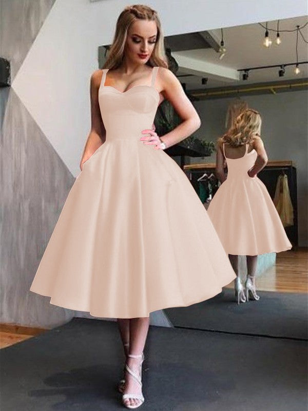A-Line Straps Satin Sleeveless With Ruffles Tea-Length Homecoming Dress