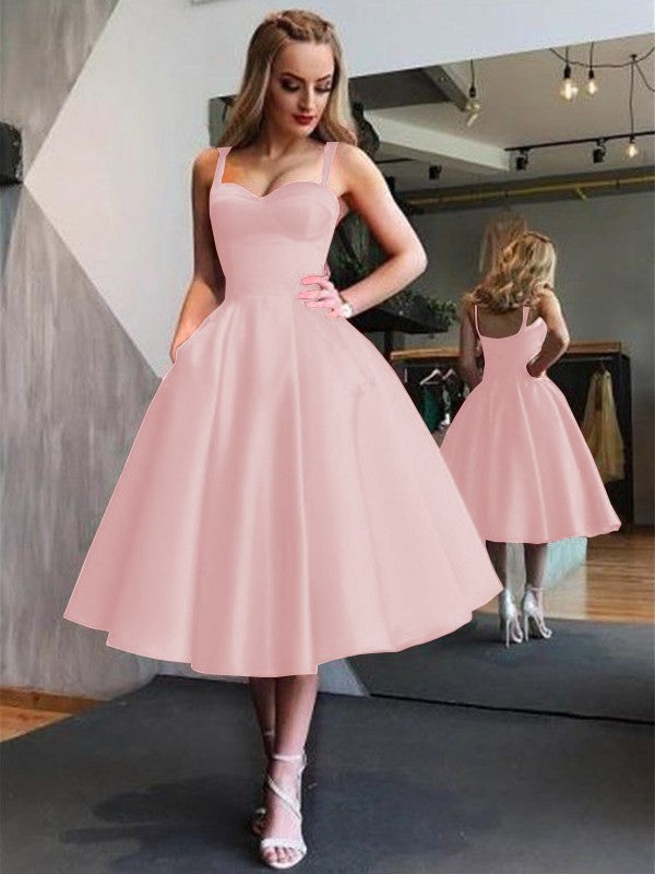 A-Line Straps Satin Sleeveless With Ruffles Tea-Length Homecoming Dress