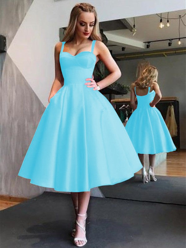 A-Line Straps Satin Sleeveless With Ruffles Tea-Length Homecoming Dress