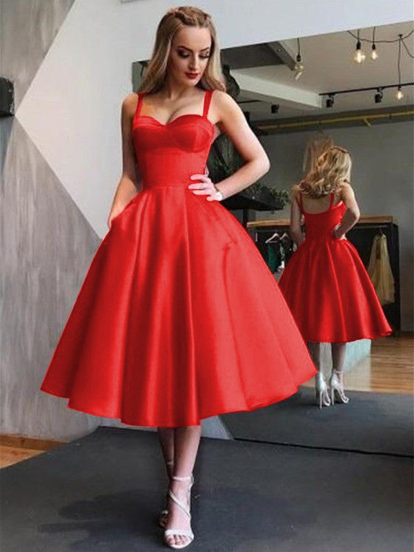 A-Line Straps Satin Sleeveless With Ruffles Tea-Length Homecoming Dress
