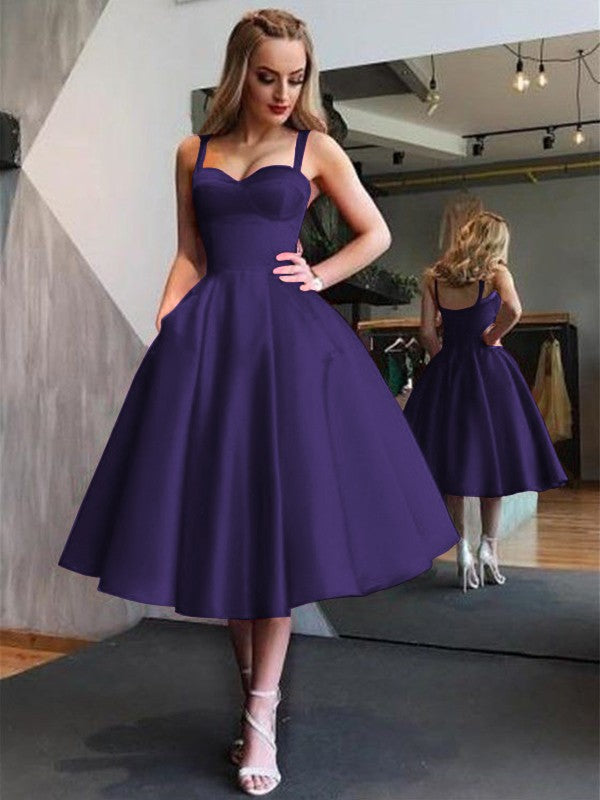 A-Line Straps Satin Sleeveless With Ruffles Tea-Length Homecoming Dress