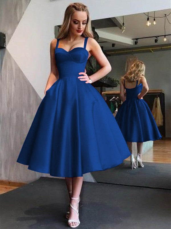 A-Line Straps Satin Sleeveless With Ruffles Tea-Length Homecoming Dress
