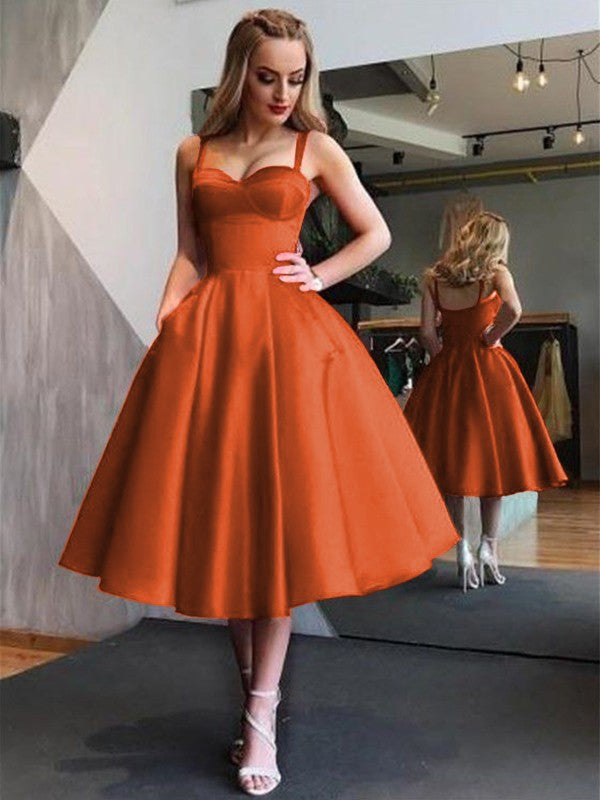 A-Line Straps Satin Sleeveless With Ruffles Tea-Length Homecoming Dress
