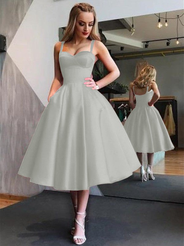 A-Line Straps Satin Sleeveless With Ruffles Tea-Length Homecoming Dress