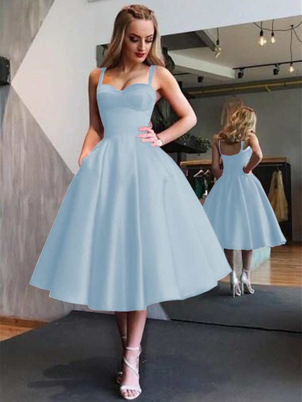A-Line Straps Satin Sleeveless With Ruffles Tea-Length Homecoming Dress