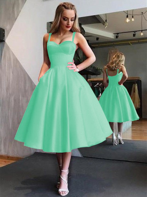 A-Line Straps Satin Sleeveless With Ruffles Tea-Length Homecoming Dress