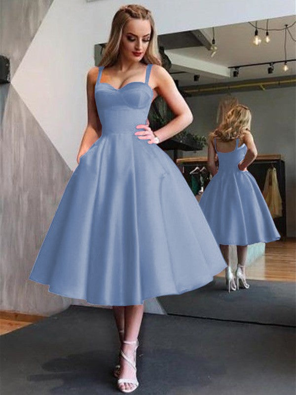 A-Line Straps Satin Sleeveless With Ruffles Tea-Length Homecoming Dress