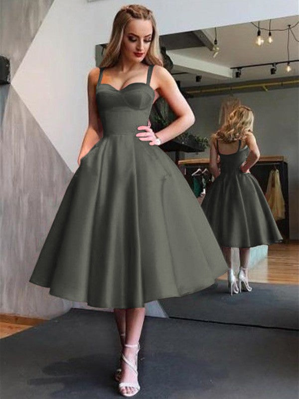 A-Line Straps Satin Sleeveless With Ruffles Tea-Length Homecoming Dress