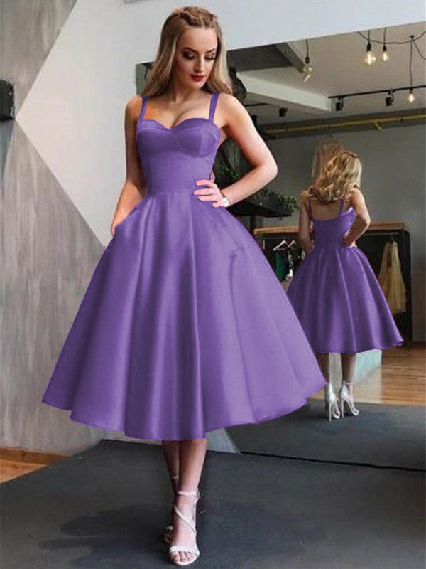 A-Line Straps Satin Sleeveless With Ruffles Tea-Length Homecoming Dress