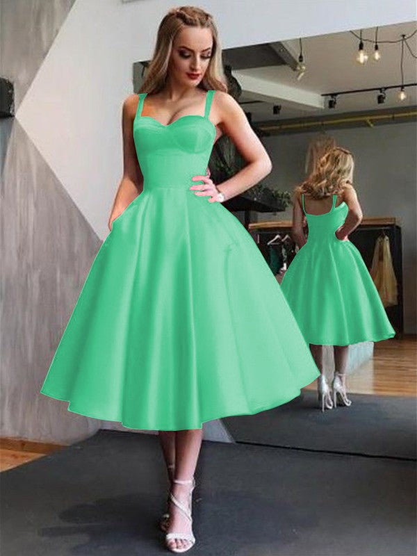 A-Line Straps Satin Sleeveless With Ruffles Tea-Length Homecoming Dress