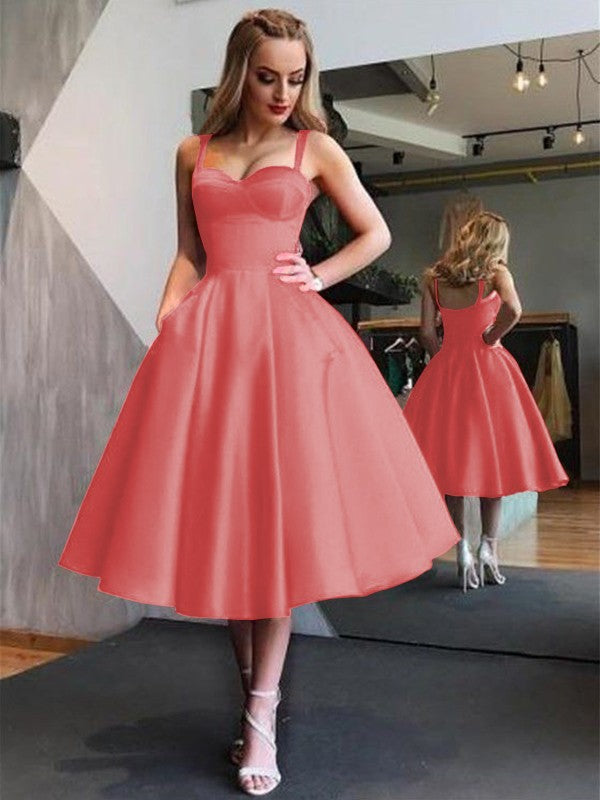 A-Line Straps Satin Sleeveless With Ruffles Tea-Length Homecoming Dress