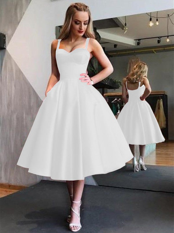 A-Line Straps Satin Sleeveless With Ruffles Tea-Length Homecoming Dress