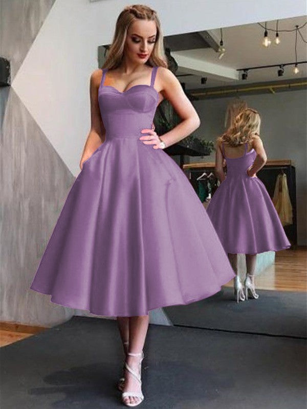 A-Line Straps Satin Sleeveless With Ruffles Tea-Length Homecoming Dress
