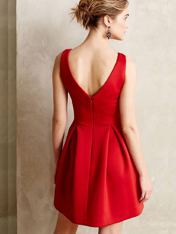 A-Line Satin Sleeveless Short/Mini With Ruffles V-neck Homecoming Dress