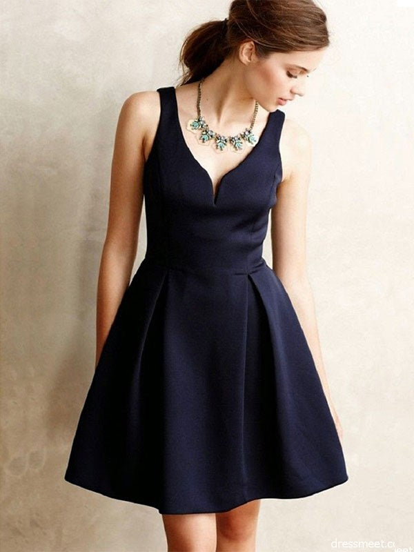 A-Line Satin Sleeveless Short/Mini With Ruffles V-neck Homecoming Dress