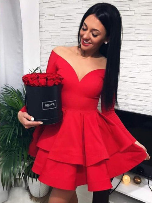 A-Line Stretch Crepe Off-the-Shoulder With Ruffles Long Sleeves Short/Mini Homecoming Dress